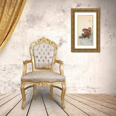 Two monkeys Gold Ornate Wood Framed Art Print with Double Matting by Koson, Ohara