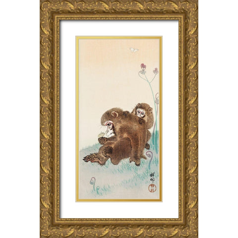 Two monkeys Gold Ornate Wood Framed Art Print with Double Matting by Koson, Ohara