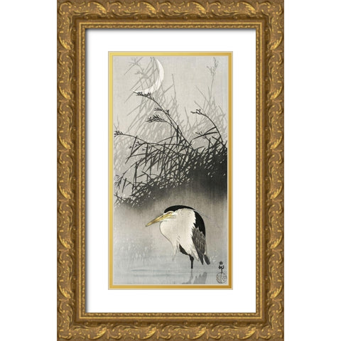 Heron at new moon Gold Ornate Wood Framed Art Print with Double Matting by Koson, Ohara