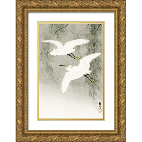Little Egrets in flight Gold Ornate Wood Framed Art Print with Double Matting by Koson, Ohara