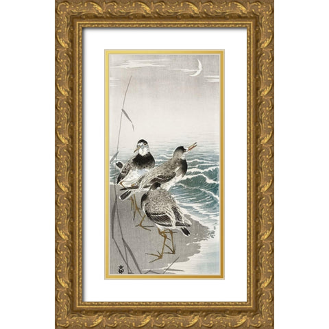 Oeverlopers at sickle moon Gold Ornate Wood Framed Art Print with Double Matting by Koson, Ohara