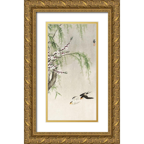 Swallows in flight Gold Ornate Wood Framed Art Print with Double Matting by Koson, Ohara