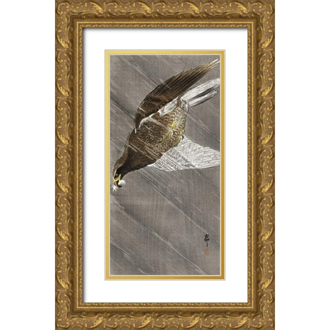 Downward flying eagle Gold Ornate Wood Framed Art Print with Double Matting by Koson, Ohara