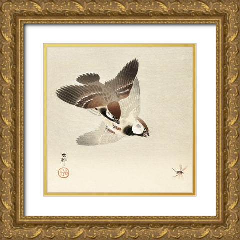 Ring sparrows and insectÂ  Gold Ornate Wood Framed Art Print with Double Matting by Koson, Ohara