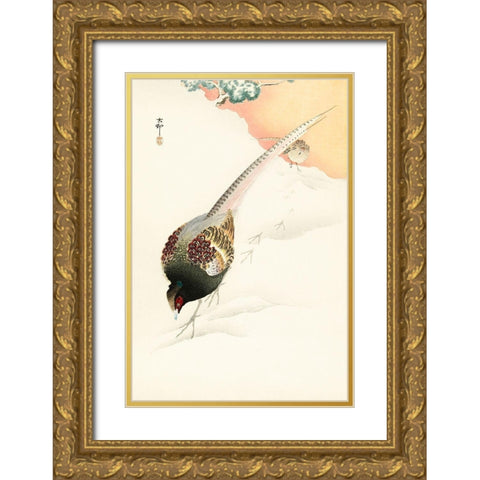 Pheasant couple in the snow Gold Ornate Wood Framed Art Print with Double Matting by Koson, Ohara