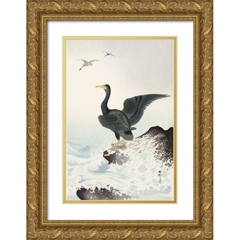 Red mask cormorant on rock Gold Ornate Wood Framed Art Print with Double Matting by Koson, Ohara