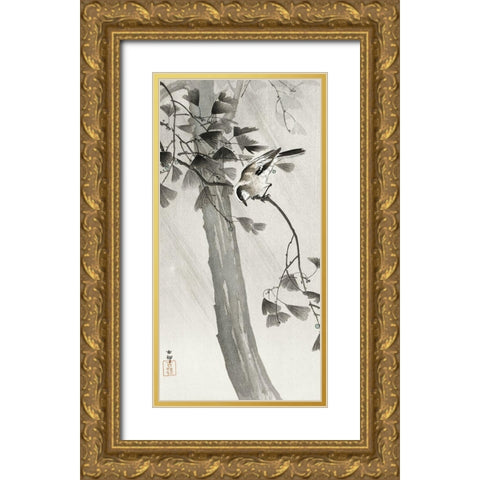 Long-tailed tit in storm Gold Ornate Wood Framed Art Print with Double Matting by Koson, Ohara