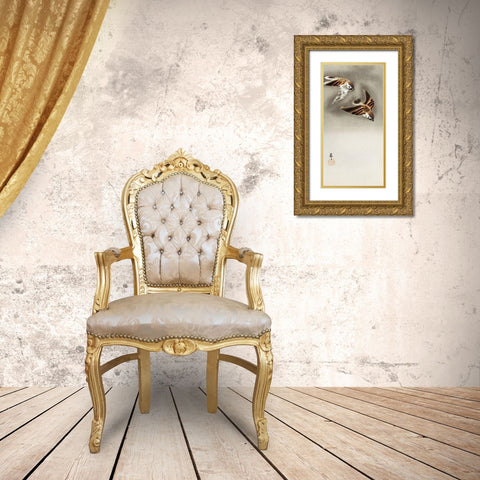 Ring sparrows in snow Gold Ornate Wood Framed Art Print with Double Matting by Koson, Ohara