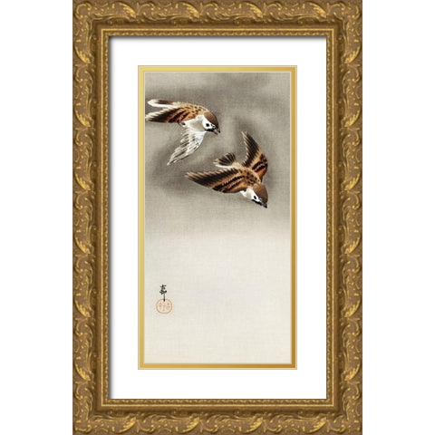 Ring sparrows in snow Gold Ornate Wood Framed Art Print with Double Matting by Koson, Ohara
