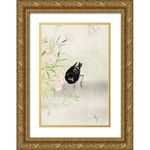 Moorhen at flowering plant Gold Ornate Wood Framed Art Print with Double Matting by Koson, Ohara
