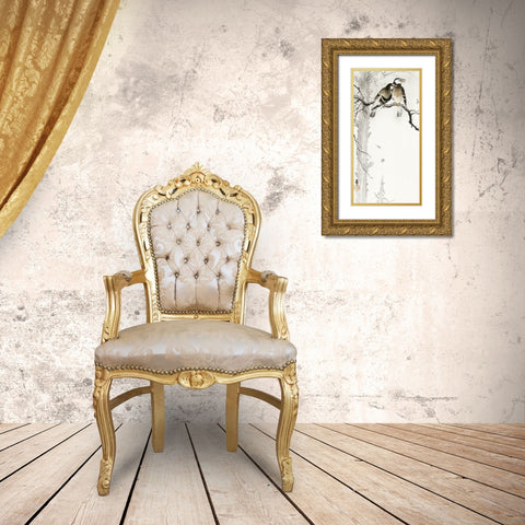 Two gray starlings Gold Ornate Wood Framed Art Print with Double Matting by Koson, Ohara