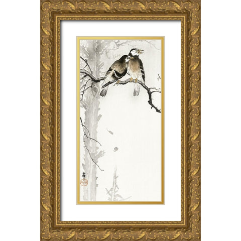 Two gray starlings Gold Ornate Wood Framed Art Print with Double Matting by Koson, Ohara