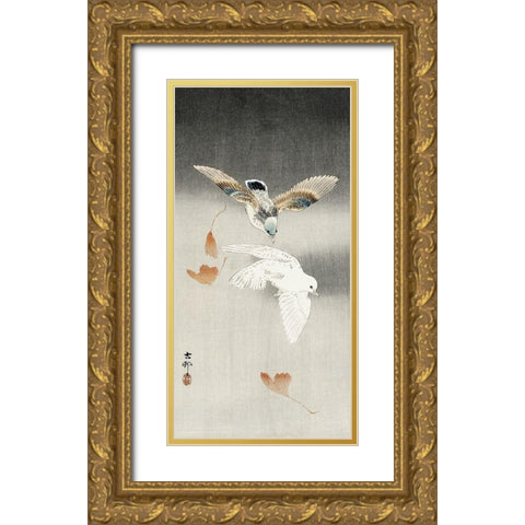 Two pigeons with falling ginkgo leaves Gold Ornate Wood Framed Art Print with Double Matting by Koson, Ohara