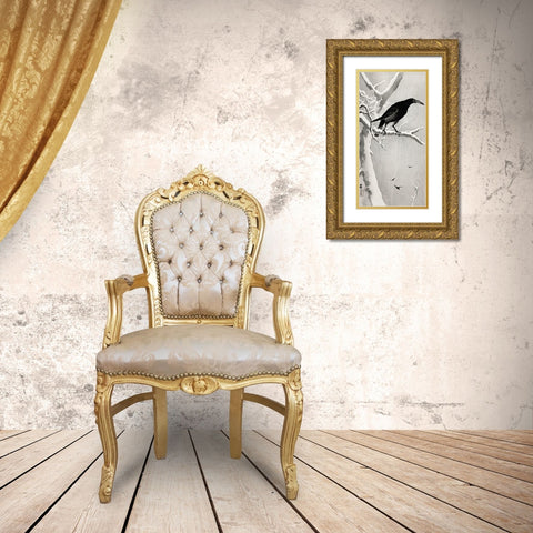 Crow on snowy tree branch Gold Ornate Wood Framed Art Print with Double Matting by Koson, Ohara