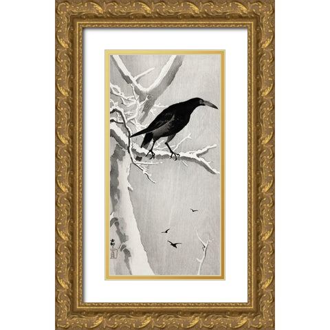 Crow on snowy tree branch Gold Ornate Wood Framed Art Print with Double Matting by Koson, Ohara
