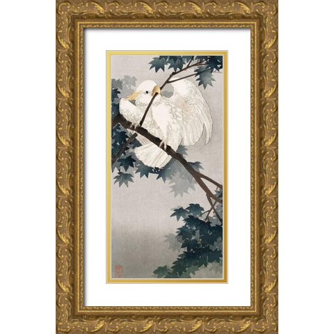 Yellow crested cockatoo in tree Gold Ornate Wood Framed Art Print with Double Matting by Koson, Ohara