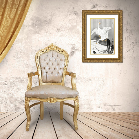 Two geese on a river Gold Ornate Wood Framed Art Print with Double Matting by Koson, Ohara