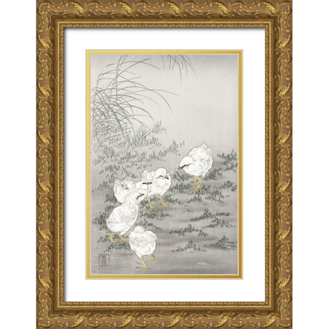 Five chicks Gold Ornate Wood Framed Art Print with Double Matting by Koson, Ohara