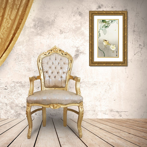 Two chicks fighting for a butterfly Gold Ornate Wood Framed Art Print with Double Matting by Koson, Ohara