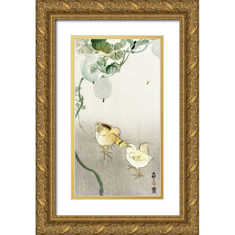 Two chicks fighting for a butterfly Gold Ornate Wood Framed Art Print with Double Matting by Koson, Ohara