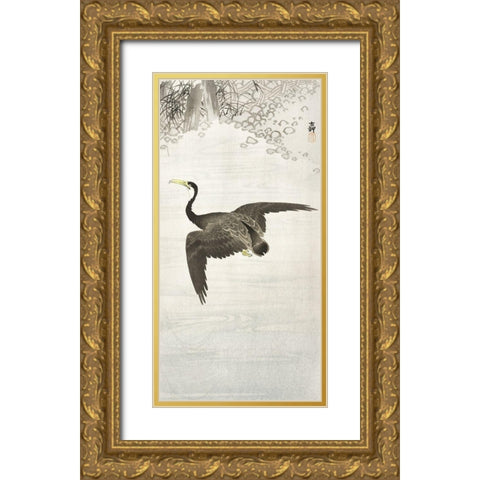 Cormorant in flight Gold Ornate Wood Framed Art Print with Double Matting by Koson, Ohara