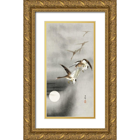 Geese in flight Gold Ornate Wood Framed Art Print with Double Matting by Koson, Ohara