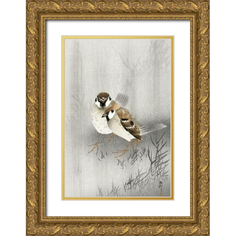 Two ring sparrows in the rain Gold Ornate Wood Framed Art Print with Double Matting by Koson, Ohara