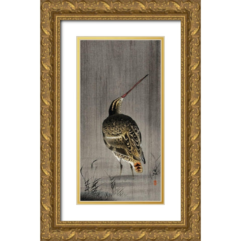 Snipe in the rain Gold Ornate Wood Framed Art Print with Double Matting by Koson, Ohara