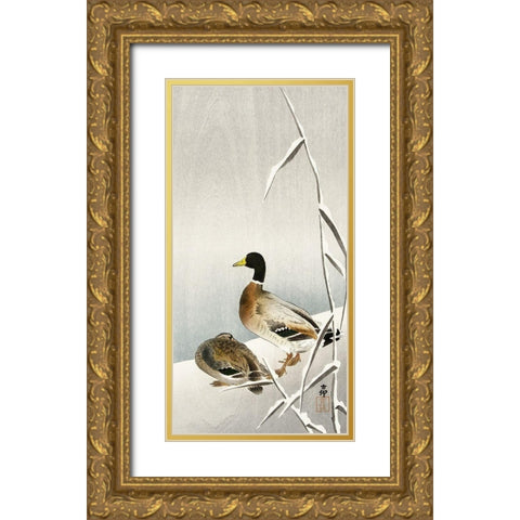 Two ducks on snowy reed Gold Ornate Wood Framed Art Print with Double Matting by Koson, Ohara