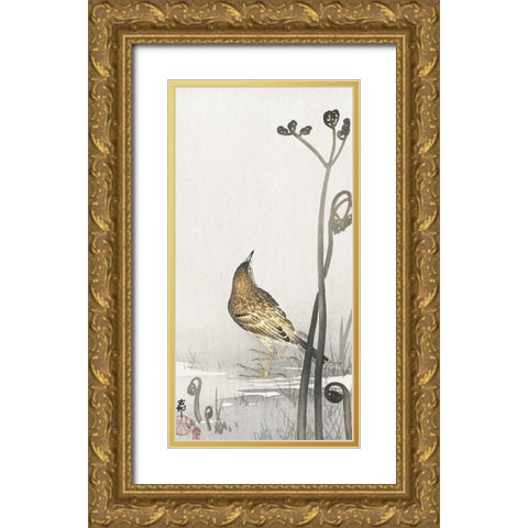 Pipit on a waterfront Gold Ornate Wood Framed Art Print with Double Matting by Koson, Ohara