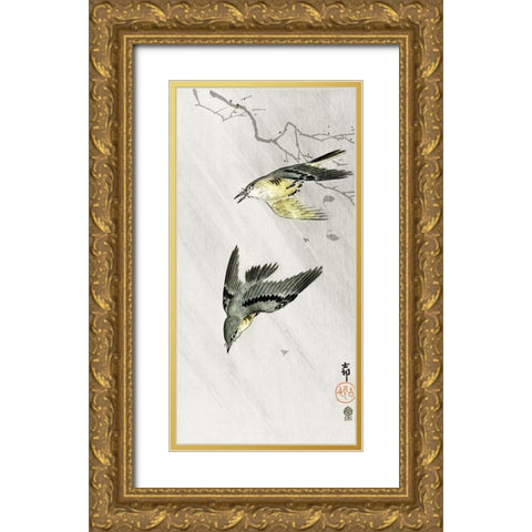 Songbirds in rain Gold Ornate Wood Framed Art Print with Double Matting by Koson, Ohara
