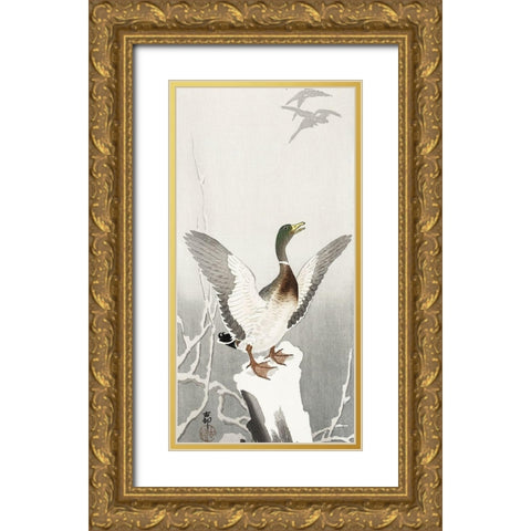Duck on snowy tree stump Gold Ornate Wood Framed Art Print with Double Matting by Koson, Ohara