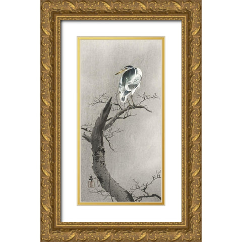 Kwak on branch Gold Ornate Wood Framed Art Print with Double Matting by Koson, Ohara