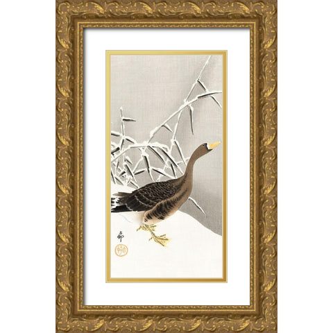 White-fronted goose in the snow Gold Ornate Wood Framed Art Print with Double Matting by Koson, Ohara