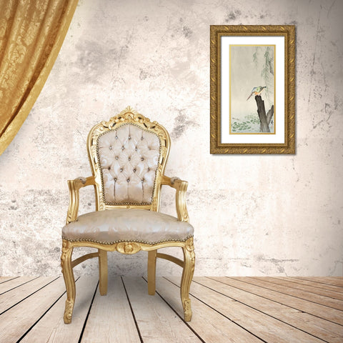 Kingfisher on a tree stump Gold Ornate Wood Framed Art Print with Double Matting by Koson, Ohara