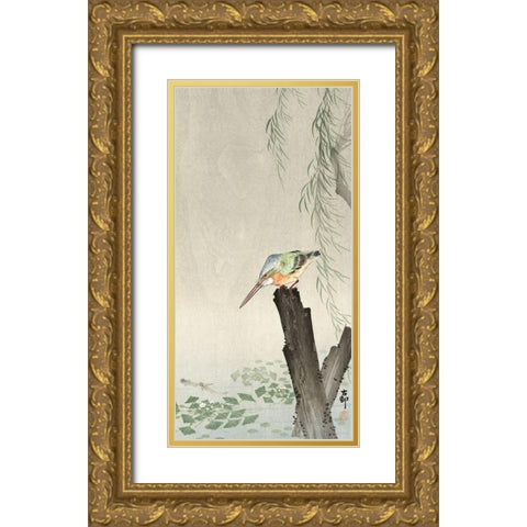 Kingfisher on a tree stump Gold Ornate Wood Framed Art Print with Double Matting by Koson, Ohara
