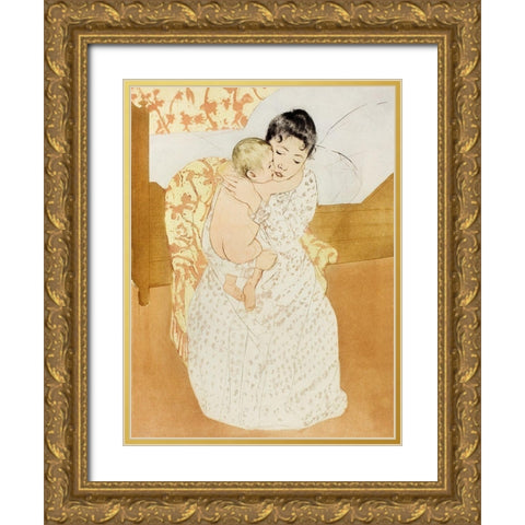 Maternal Caress Gold Ornate Wood Framed Art Print with Double Matting by Cassatt, Mary