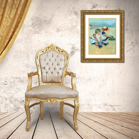 Children Playing on the Beach Gold Ornate Wood Framed Art Print with Double Matting by Cassatt, Mary
