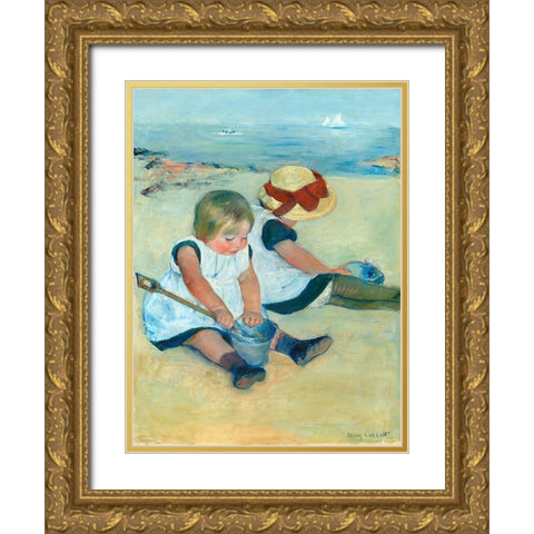 Children Playing on the Beach Gold Ornate Wood Framed Art Print with Double Matting by Cassatt, Mary