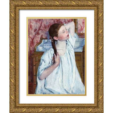 Girl Arranging Her Hair Gold Ornate Wood Framed Art Print with Double Matting by Cassatt, Mary