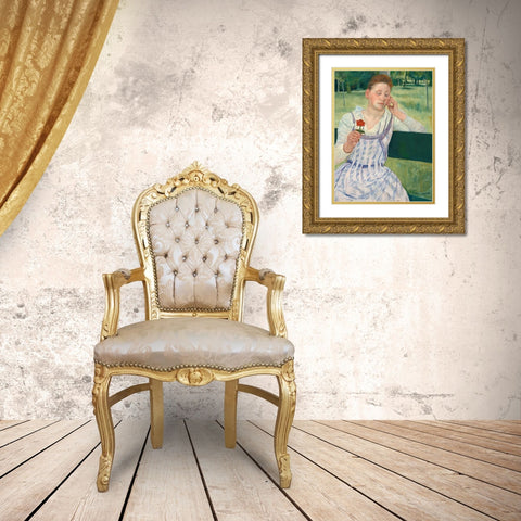 Woman with a Red Zinnia Gold Ornate Wood Framed Art Print with Double Matting by Cassatt, Mary