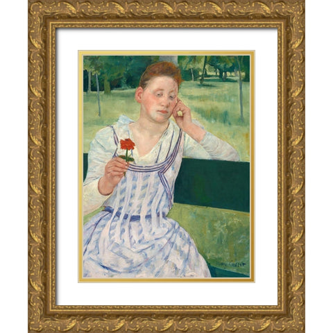 Woman with a Red Zinnia Gold Ornate Wood Framed Art Print with Double Matting by Cassatt, Mary