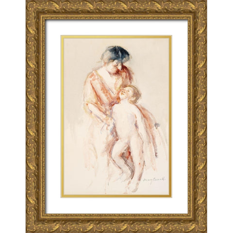 Woman with Nude Boy at Her Left Gold Ornate Wood Framed Art Print with Double Matting by Cassatt, Mary