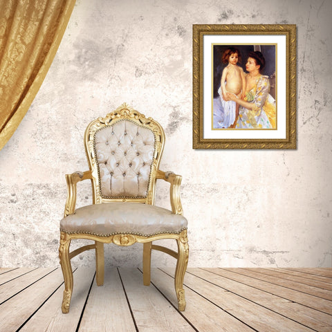 Jules Being Dried by His Mother Gold Ornate Wood Framed Art Print with Double Matting by Cassatt, Mary