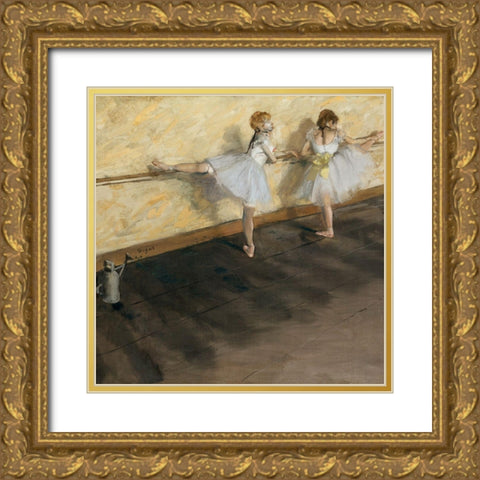 Dancers Practicing at the Barre Gold Ornate Wood Framed Art Print with Double Matting by Degas, Edgar