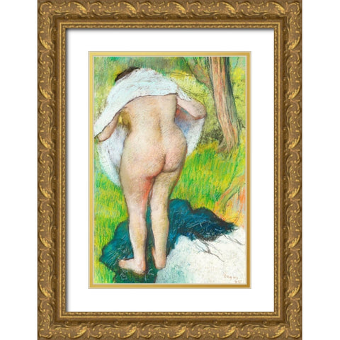 Girl Drying Herself Gold Ornate Wood Framed Art Print with Double Matting by Degas, Edgar