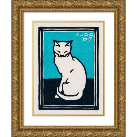 Sitting cat Gold Ornate Wood Framed Art Print with Double Matting by De Graag, Julie