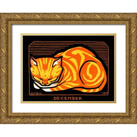 December Cat Gold Ornate Wood Framed Art Print with Double Matting by De Graag, Julie