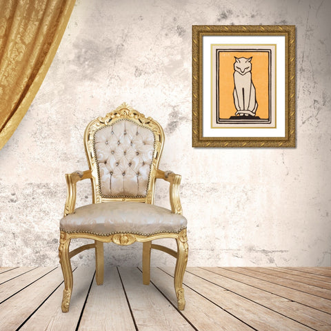 Sitting cat Gold Ornate Wood Framed Art Print with Double Matting by De Graag, Julie