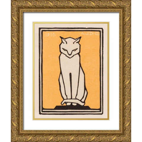 Sitting cat Gold Ornate Wood Framed Art Print with Double Matting by De Graag, Julie